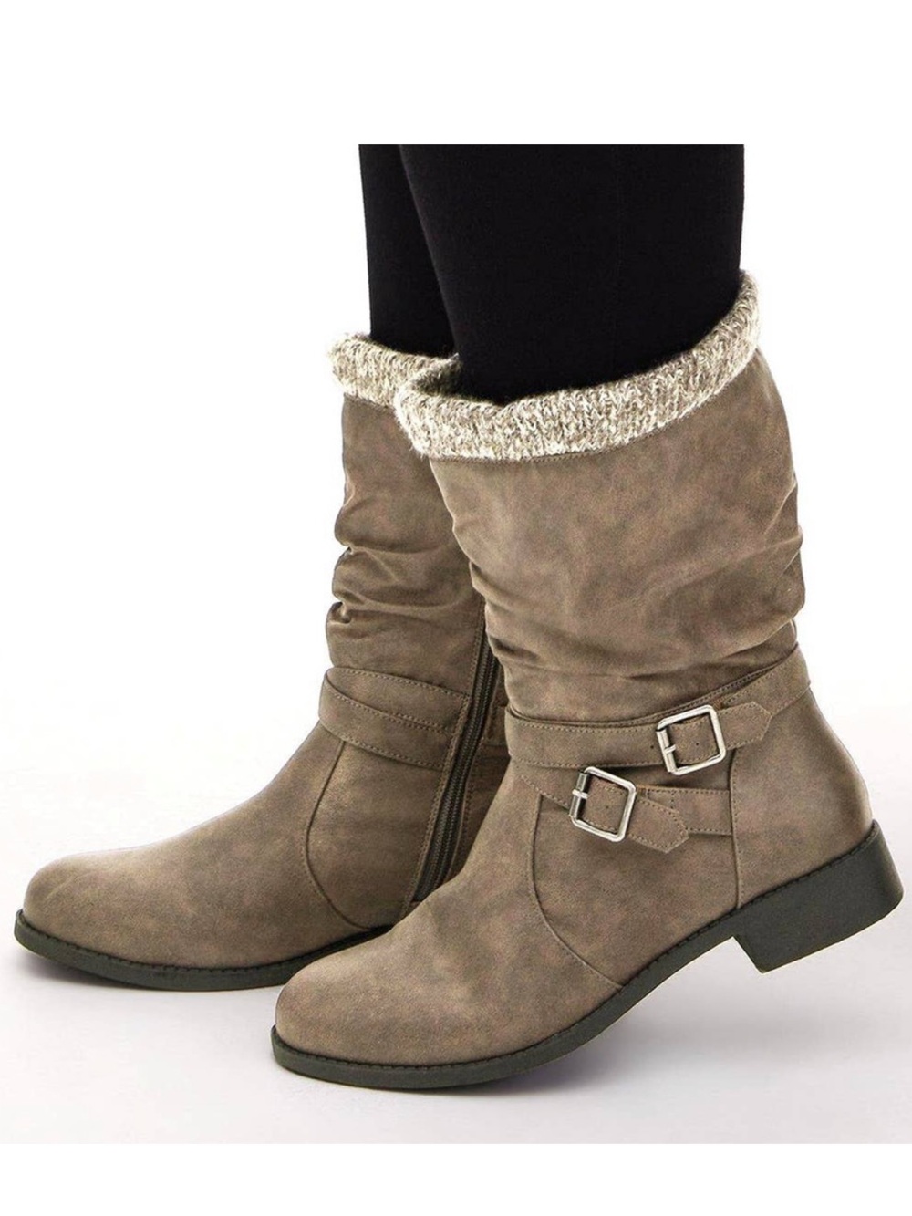 Torrid Faux Leather Sweater Trimmed Slouchy Moto Boots Knit-Trim